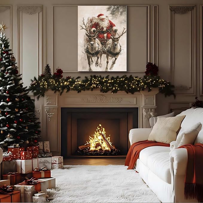 FLZYKGPA Vintage Santa in Sleigh with Reindeer Canvas Art 12x18, Framed Classic Christmas Wall Art for Holiday Decor, Cozy Winter Snow Scene Nature Wall Decor for Living Room Kitchen Office