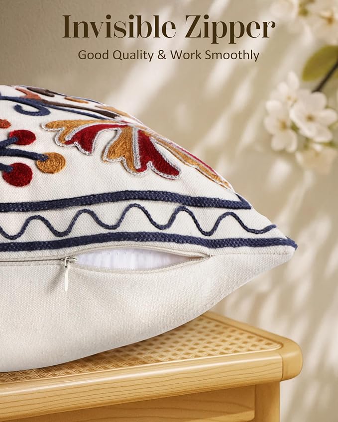 Embroidered Lumbar Pillow Cover - 20x12 Decorative Pillow Cover with Zipper Aesthetic Cute Design Boho Spring Summer Throw Pillowcase for Living Room Couch Sofa Bed, Fall Flower