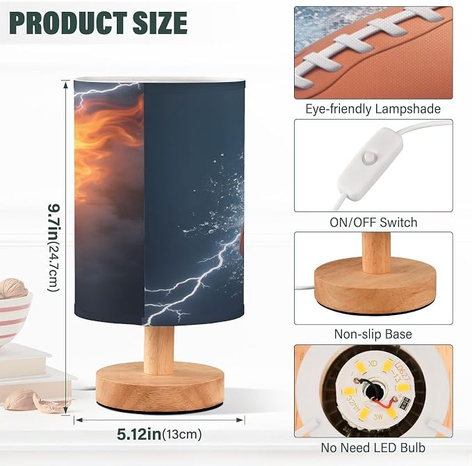 ALAZA American Football Ball in Fire and Water Decor Bedside Table Lamp with USB Port for Bedroom Nightstand Office Desk LED Bulb Included