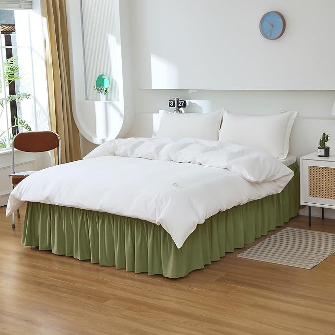 MEILA Wrap Around Elastic Bed Skirt for Queen & King Beds, 24" Drop,Sage | Three-Side Adjustable Elastic Dust Ruffle, Ruffled Polyester Fabric, Easy to Install, Fade Resistant & Machine Washable