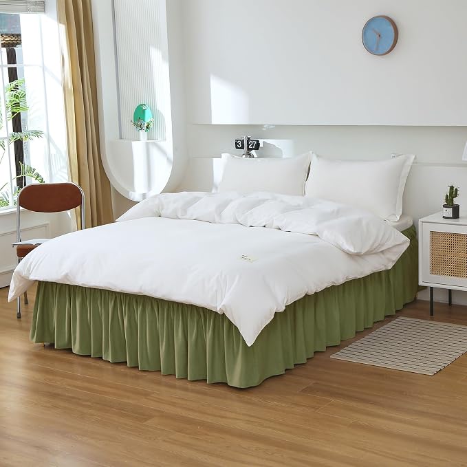 MEILA Wrap Around Elastic Bed Skirt for Queen & King Beds, 14" Drop,Sage | Three-Side Adjustable Elastic Dust Ruffle, Ruffled Polyester Fabric, Easy to Install, Fade Resistant & Machine Washable