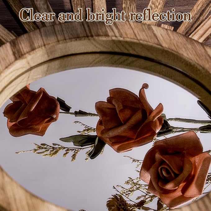 12 Inch Boho Sunburst Mirror, Round Wooden Wall Decor Starburst Sun Mirror for Bedroom, Living Room, Bathroom, Hallway, Balcony, Farmhouse Entryway, Housewarming Gift（Rustic Brown