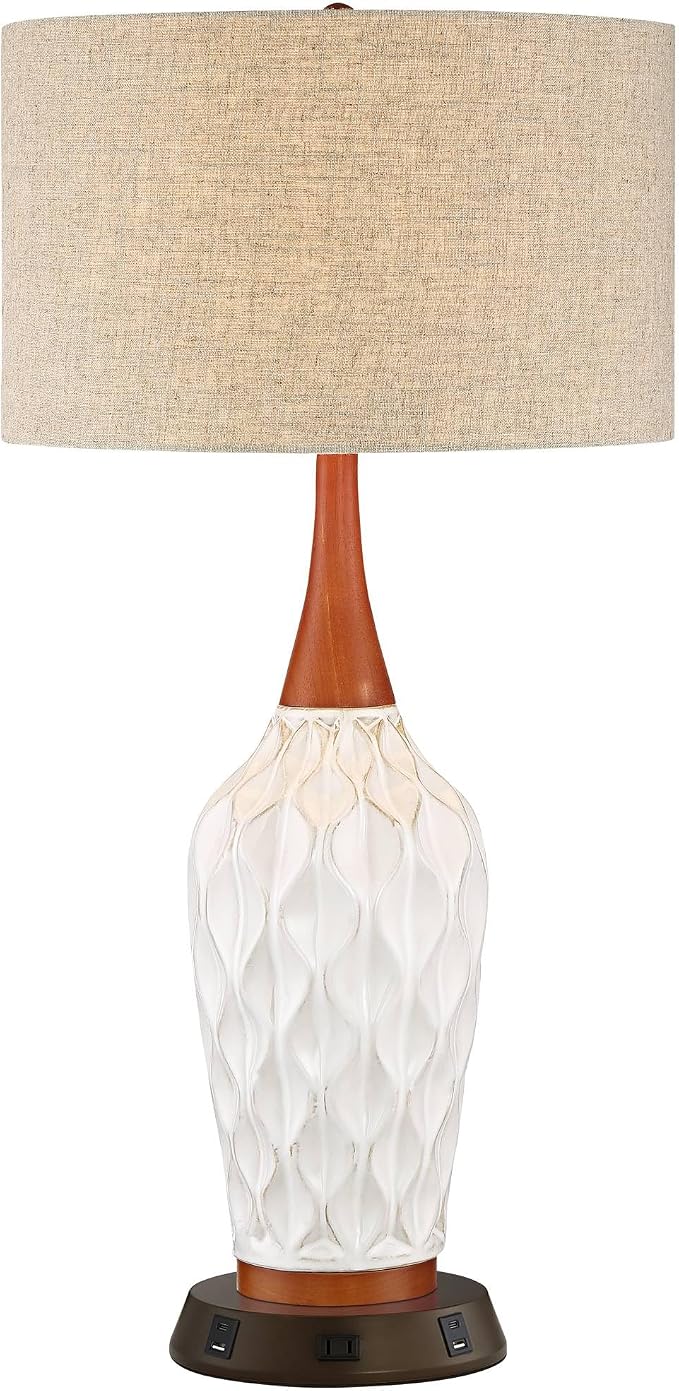 Rocco 30" Large Table Lamp White Ceramic USB Workstation Base Oak Wood