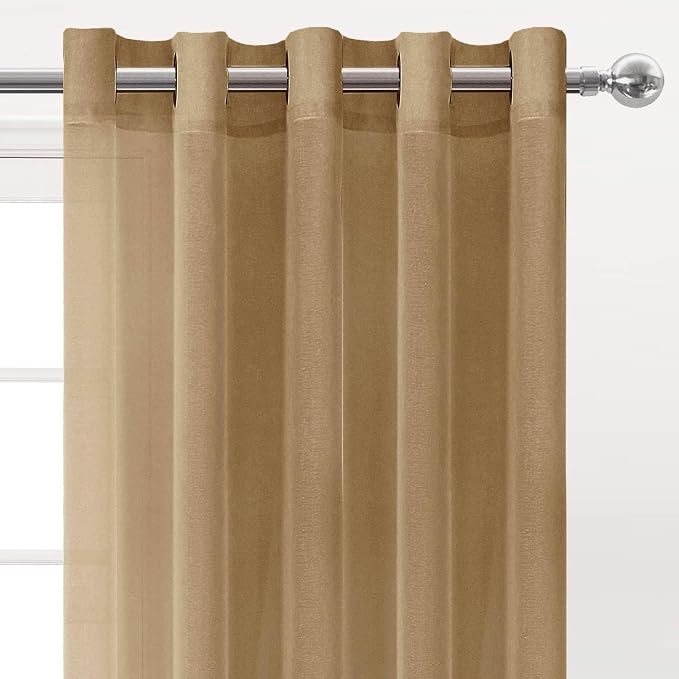 DWCN Semi Sheer Curtains, Grommet Top Window Drapes for Bedroom & Living Room, Faux Linen Look Voile Transparent Solid Curtains Set of 2 Panels 70 x 95 Inches Long, Taupe