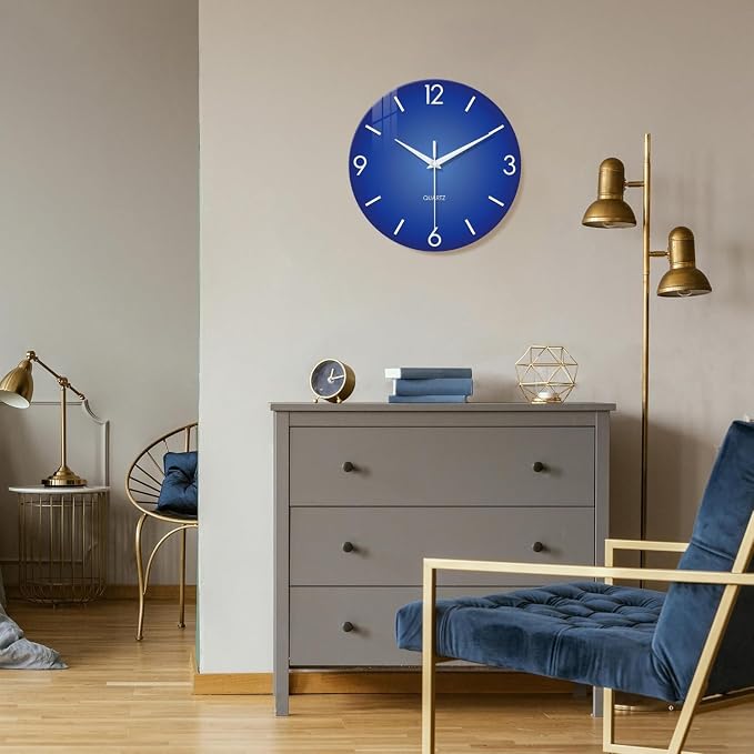 XFM Modern Blue Wall Clock 16 Inch Big Minimalist | Silent Non-Ticking Battery Operated Modern Simple Quartz for Living Room Bedroom Office Decor