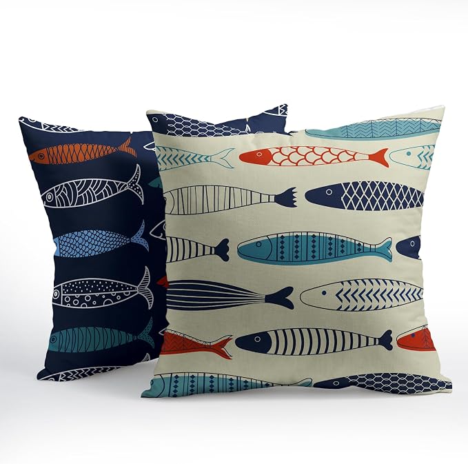 Fish Throw Pillow Covers Decorative Cotton Linen Pillowcases Colorful Fish Pillow Case Set of 2 Nautical Theme Square Cushion Covers for Sofa Bedroom Couch Home Outdoors