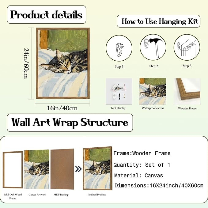 Cute Cat Wall Art, Vintage Tabby Cat Sleeping in Bed Wall Decor Painting, Funky Tabby Cats Pet Pictures Funny Animal Poster Canvas Prints, for Living Room Bedroom 16x24 inch Wood Framed