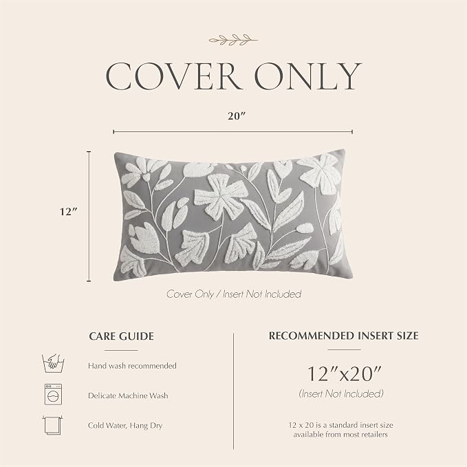 BlissBlush Lumbar Pillow Cover 12x20 Inch, Light Gray Floral Tufted Velvet Decorative Accent Pillow Case for Sofa Bed Living Room, Cover Only