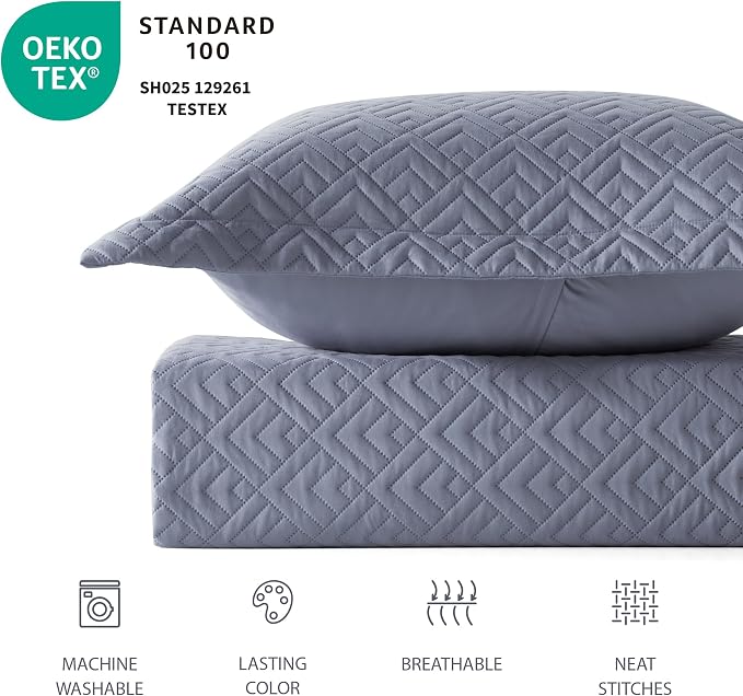 EXQ Home Twin Quilt Set Lightweight Squares Pattern Bluish Grey Bedding Set | Soft Microfiber Bedspread, Breathable & Wrinkle-resistant Coverlet. All-season Use for Hot Sleepers. 2-pc Set with 1 Sham