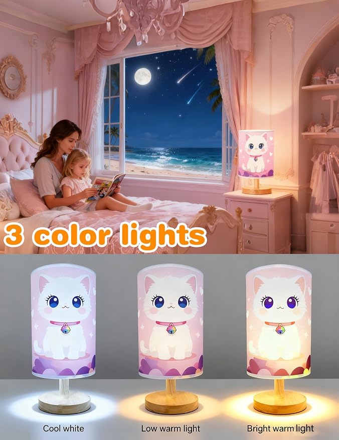 Cat Lamp, Lamps for Girls Bedroom, 3 Colors Nightstand Light Lamp, Round Wood Base Flaxen Fabric Desk Lamp for Kids Room, Cat Table Lampp Gift for Girls (LED Bulb Included) (Kitten)