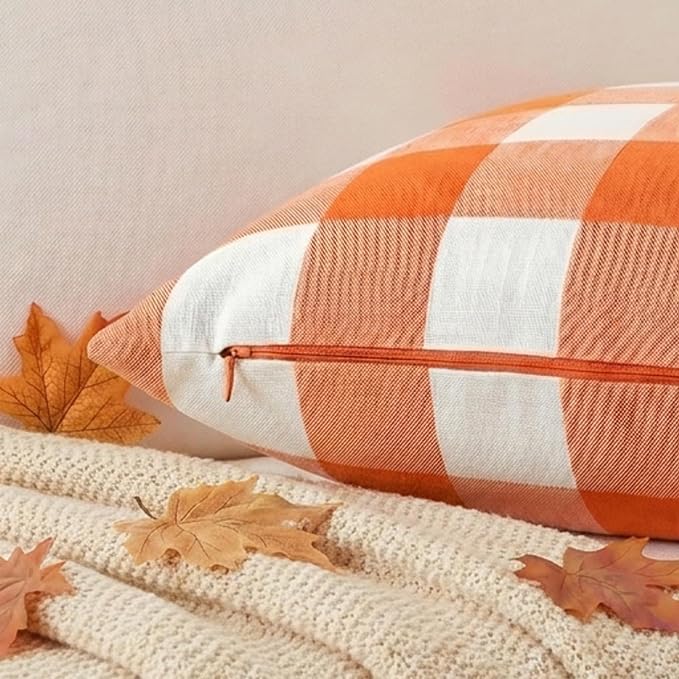 Burnt Orange Fall Buffalo Check Checkered Pillow Covers 18x18 Set of 2 | Cojines De Otoño Para Sala, Thanksgiving Autumn Pillow Covers 18 x 18, Aesthetic Fall Room Decor, Fall Front Porch Pillows