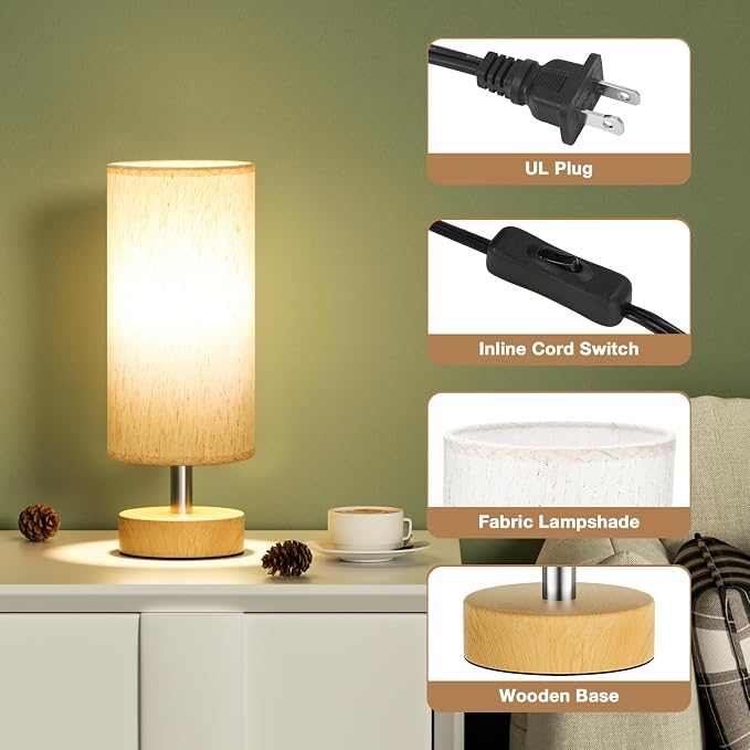 Table Lamp for Bedroom（Cream Shade - Wood Base, 11.6" Inline Control）