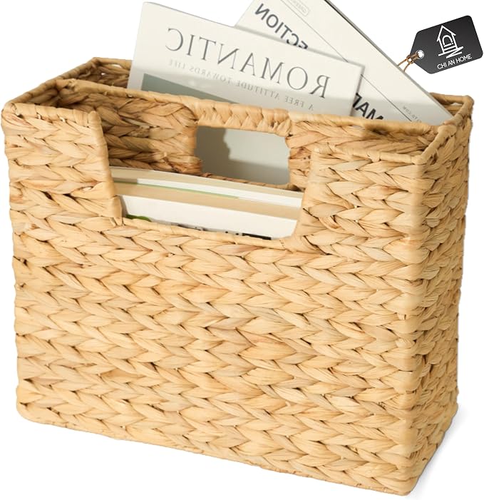 Chi An Home Wicker Magazine Basket Water Hyacinth Handwoven Magazine Holder | Decorative Handwoven Magazine Rack Floor, Organizer for Files, Books, Newspapers, Documents For Office, Living Room, Bathroom