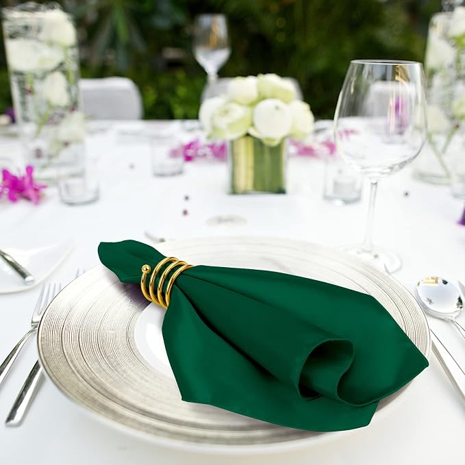 MCEAST Satin Cloth Napkins and Napkin Rings Set of 8, Smooth Fabric Table Napkins and Napkin Holder for Wedding, Birthday Dinner Party, Family Gatherings, Table Decor (Dark Green, 17 x 17 Inches)