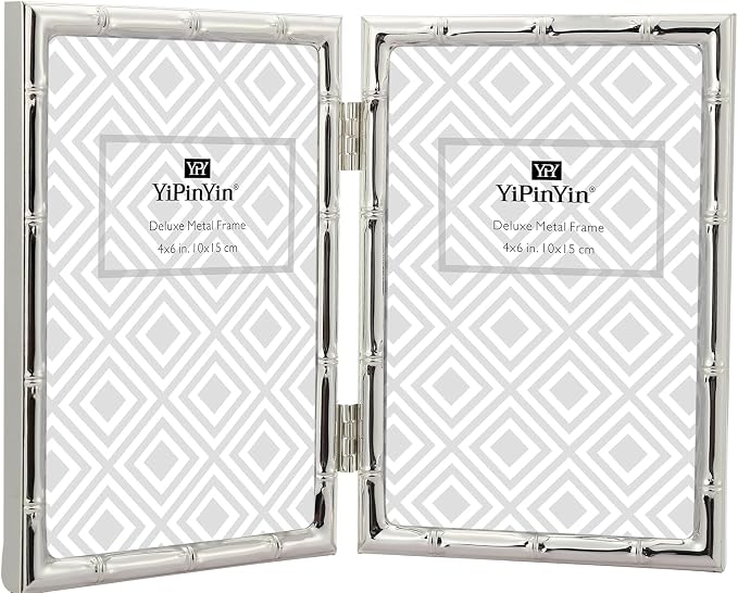 4x6'' Bamboo Detail Double Photo Frames,Silver 6x4'' Double Metal Picture Frames,Elegant Silver Plated Photo Frames 4 x 6'' With Soft Touch Velvet Backing and Real Glass for Desktop and Shelf Decor