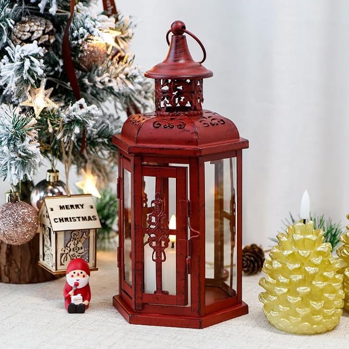 JHY DESIGN Decorative Candle Lantern 10“H Vintage Hanging Lantern Metal Candleholder for Indoor Outdoor Events Parities and Weddings (Red with Black Brush)