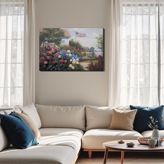 Framed American Flag Cottage Rose Garden Wall Art, Patriotic Floral Canvas Art Pictures, USA Flag Wall Decor for Living Room Bedroom Bathroom, Ready to Hang Made in USA