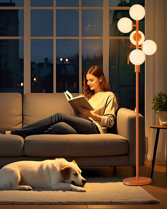 64IN Dimmable Orange Floor Lamp, Tall Standing Lamps with 5 Globe Soft Warm White Eye Care 3000K G9 Bulbs, Mid Century Modern Floor Lamp with 5Lbs Heavy Base for Living Room Bedroom Office