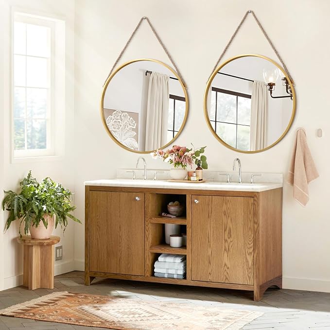 Hanging Mirror Circle Mirror Farmhouse Gold Large Round Hanging Wall Mirror Artistic with Rope for Bathroom Bedroom Vanity Living Room Entryway 24"