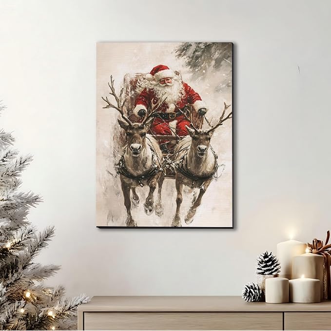 FLZYKGPA Vintage Santa in Sleigh with Reindeer Canvas Art 12x18, Framed Classic Christmas Wall Art for Holiday Decor, Cozy Winter Snow Scene Nature Wall Decor for Living Room Kitchen Office