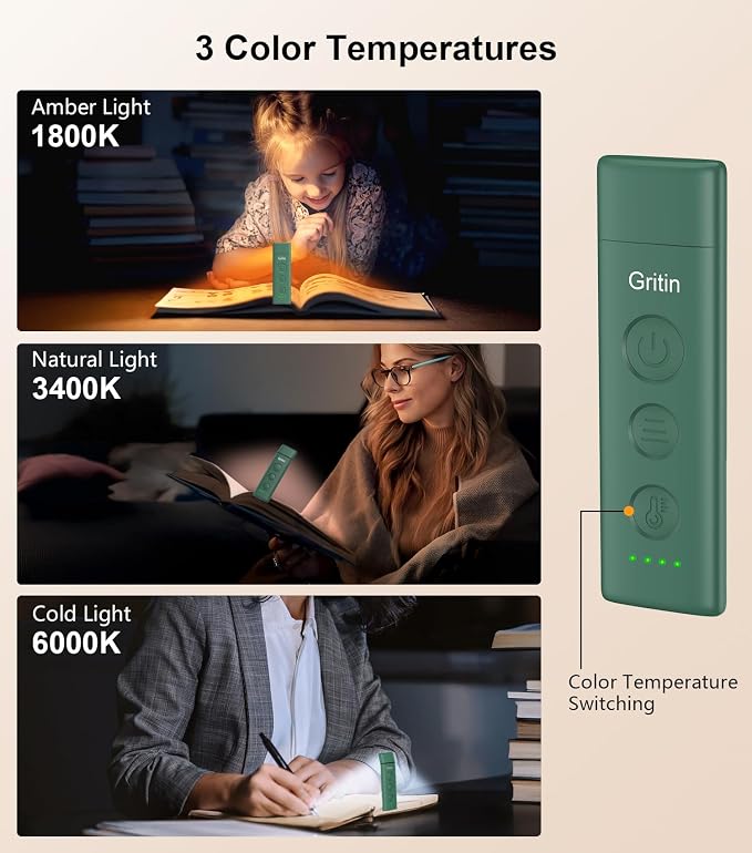 Gritin Book Light Rechargeable, Clip on LED Reading Light for Books in Bed