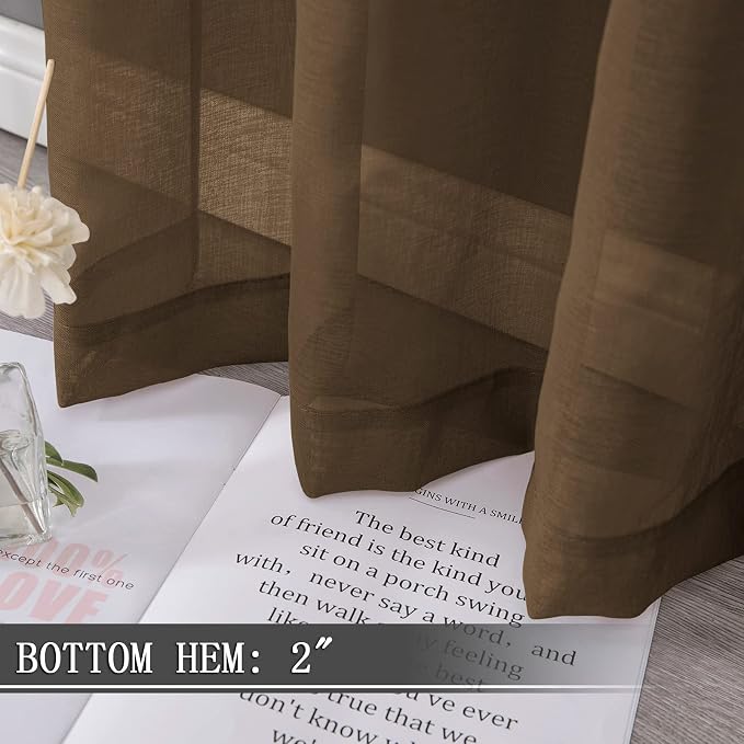Tollpiz Sheer Curtains Linen Textured Bedroom Curtain Sheers Light Filtering Rod Pocket Voile Curtains for Living Room, 54 x 63 inches Long, Brown, Set of 2 Panels
