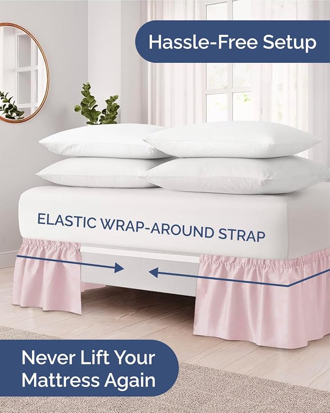 Wrap Around Dust Ruffle Bed Skirt, Queen Size - 12 Inch Drop, Lavender Pink | Easy Fit Elastic Strap, Adjustable Pleated Bedskirt w/Brushed Fabric, Wrinkle & Fade Free, for Women, Men, Kids & Teens