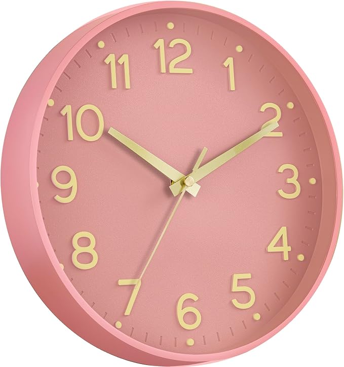 Roymnie 10 Inch Wall Clock Battery Operated Silent Non Ticking Analog | Pink Gold modern analog; large 3D easy-read dial for kitchen, office, bathroom & bedroom; 1 AA battery (not included)