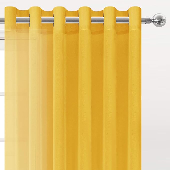 DWCN Yellow Semi Sheer Curtains, Grommet Top Window Drapes for Bedroom & Living Room, Faux Linen Look Voile Transparent Solid Curtains Set of 2 Panels 70 x 63 Inches Long