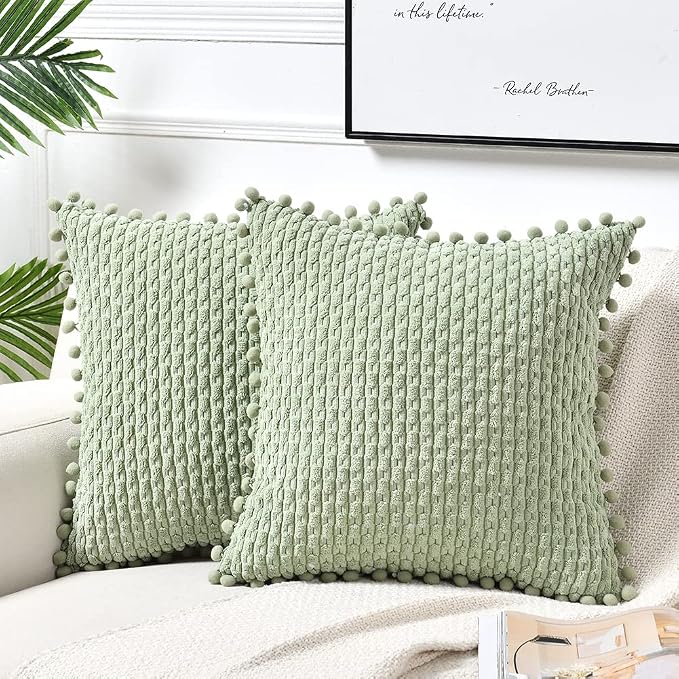 Fancy Homi Set of 2 Sage Green Decorative Throw Pillow Covers 24x24 Inch with Pom-poms for Couch Bed Sofa, Modern Farmhouse Boho Home Decor, Soft Plush Corduroy Cute Cushion Case 60x60cm