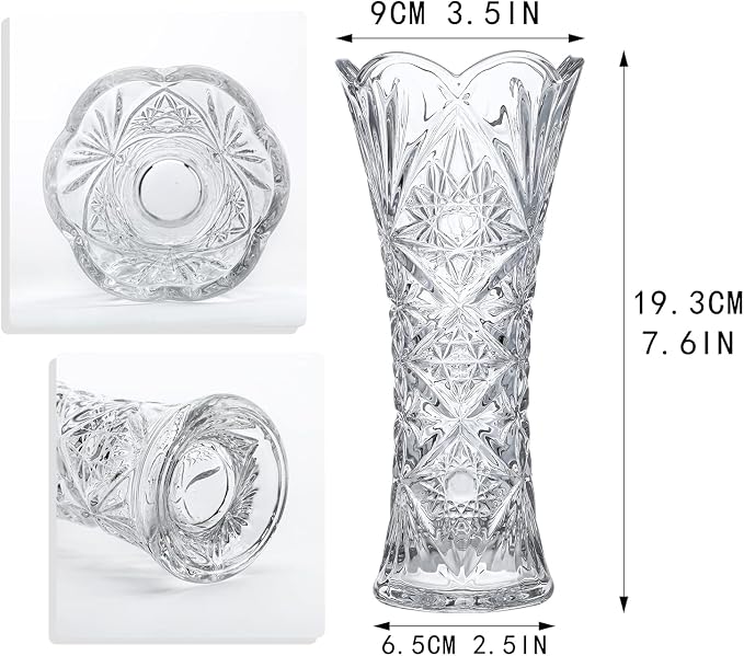 7.6" Tall Glass Flower Vase, 1 Piece Thickened Crystal Vase for Flowers | Clear Flower Vase for Bouquet, Sunflower Design Decorative Vase for Living Room Dining Table Centerpiece, Wedding Gift