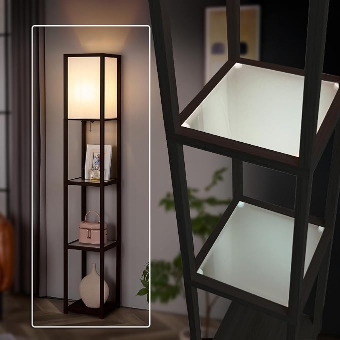 FENLO Floor Lamp with Shelves – Tall Standing Lamp with Tempered Glass Tiers – Modern Minimalist Floor Lamp for Bedroom, Living Room, or Corner – Durable Glass Shelf Lamp with LED Bulb Included