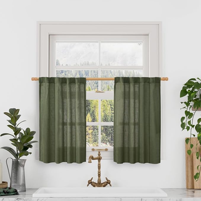 Semi Sheer Short Linen Window Curtains 36 Inch Length 2 Panels | Light Filtering Panels, Neutral Drapes for Kitchen, Loft Room, Cafe, Rod Pocket Back Tab, Olive Green, 25 x 36 Inch