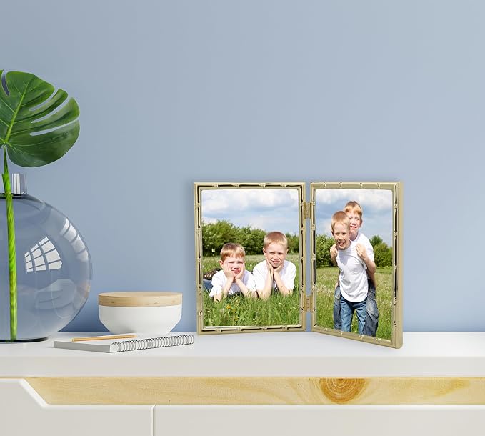YiPinYin Gold 5x7‘’ Bamboo Detail Design Double Picture Frame,Elegant Narrow Profile Gold Plated Photo Frames With Soft Touch Velvet Backing for Desktop and Shelf Decor
