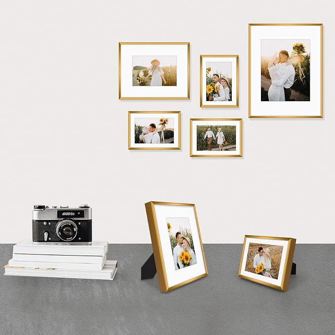 Golden State Art 7 Pack Bronze Aluminum Frame with White Mat, Real Glass | Includes One 11x14, Two 8x10, Four 5x7 Frames with Sawtooth Hangers for Wall Mounting. Great for gallery wall