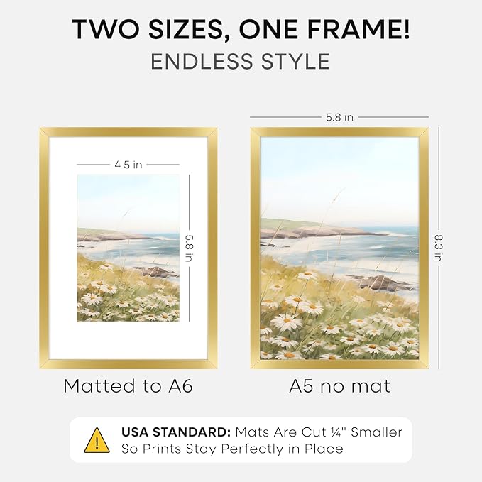 Homeforia A5 Gold Picture Frame, High-End Metal, A6 Mat, Glass