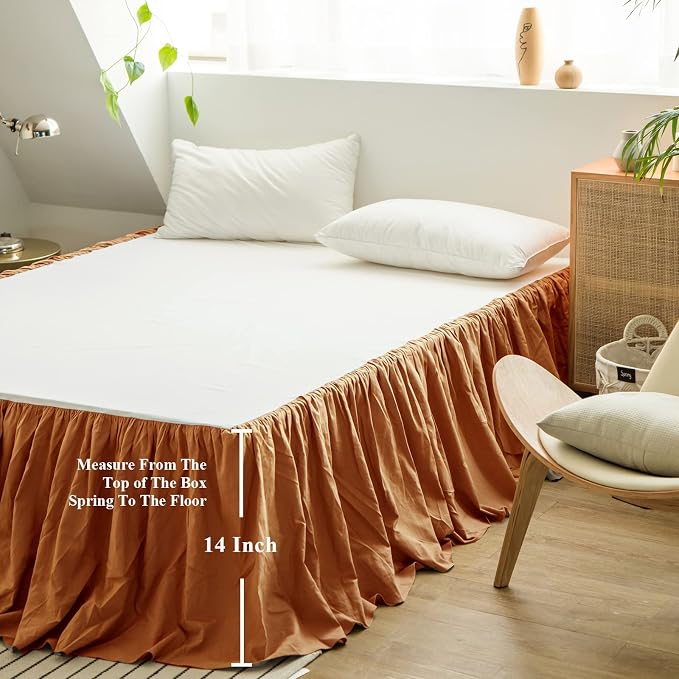 BISELINA French Linen Bed Skirt with Pleated Frills 14-Inch Tailored Drop Natural Flax Cotton Blend Dust Ruffle Soft Cozy Farmhouse Bedding (14" Full, Ruffle Rust)