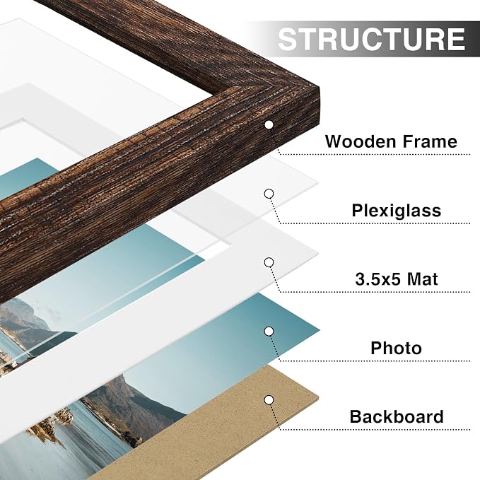 Vittanly 4x6 Picture Frames Set of 9 for Wall or Tabletop Display, Brown | Display Pictures 3.5x5 with Mat or 4x6 without Mat, Small Photo Frames, Engineered Wood with Shatter Resistant Plexiglass