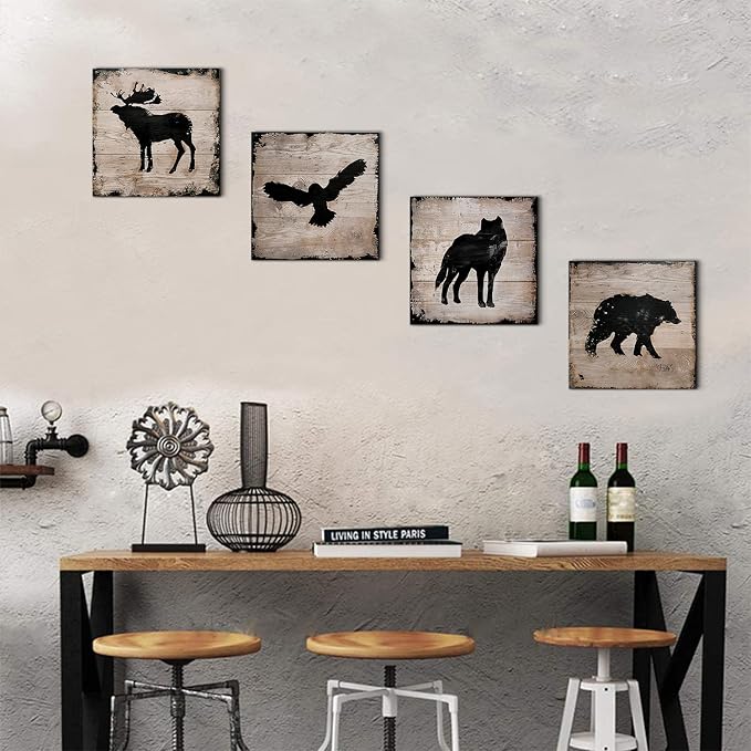 Cabin Wildlife Wall Art Rustic Animals Pictures Wall Decor Farmhouse Moose Deer Wolf Eagle Poster Hunting Themed Bear Paintings Woodland Forest Canvas Prints Artwork Living Room Decorations 16x16" 4P