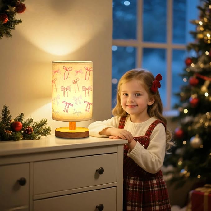 WSYEAR Daughter Gifts Bow Kids Table Lamp for Bedroom Kids Bedside Lamp with Linen Wooden Nightstand Cartoon Nursery Lampshade for Girls Living Room