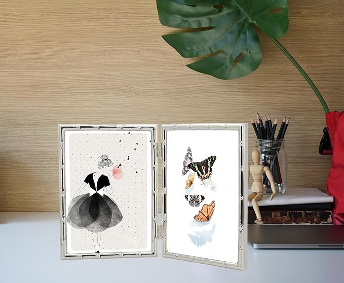 4x6'' Bamboo Detail Double Photo Frames,Silver 6x4'' Double Metal Picture Frames,Elegant Silver Plated Photo Frames 4 x 6'' With Soft Touch Velvet Backing and Real Glass for Desktop and Shelf Decor