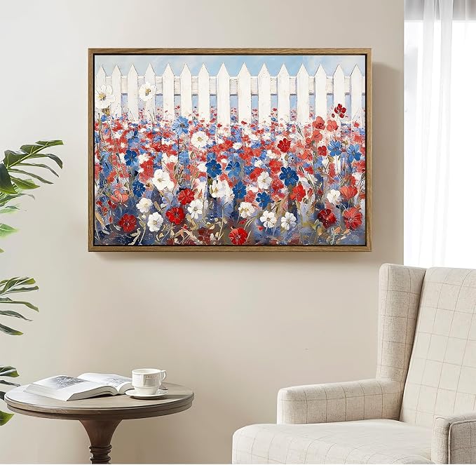 American Flag Framed Canvas Wall Art, 4th of July Patriotic Canvas Prints | Vintage Rustic Landscape Poster Print, Independence Day Wall Decor for Bedroom Living Room Dining Room Office 20×24in