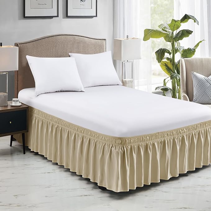 FreshCulture Twin Bed Skirt, Elastic Wrap Around Bed Skirt Twin Bed, Easy Fit with 15-Inch Tailored Drop, Hotel Quality Bed Skirts for Adjustable Bed (Beige)