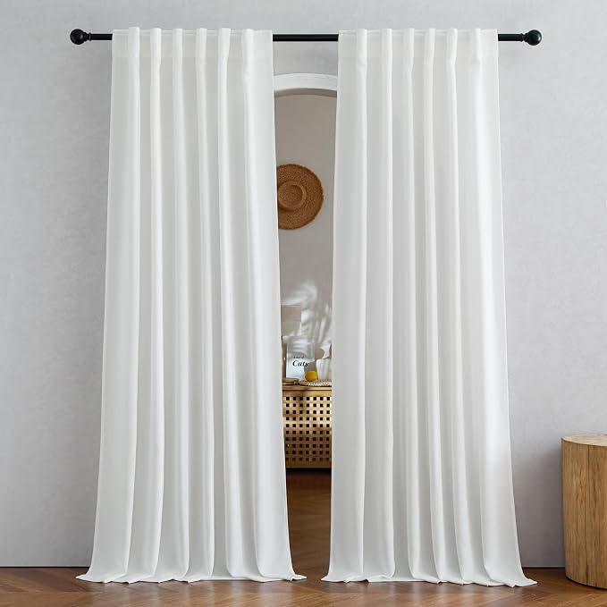 NICETOWN Faux Linen Ivory Sheer Curtains 72 inches Long, Rod Pocket & Back Tab Semi Sheer Linen Blend Window Treatments Privacy with Light Filtering for Living Room, W52 x L72, Set of 2