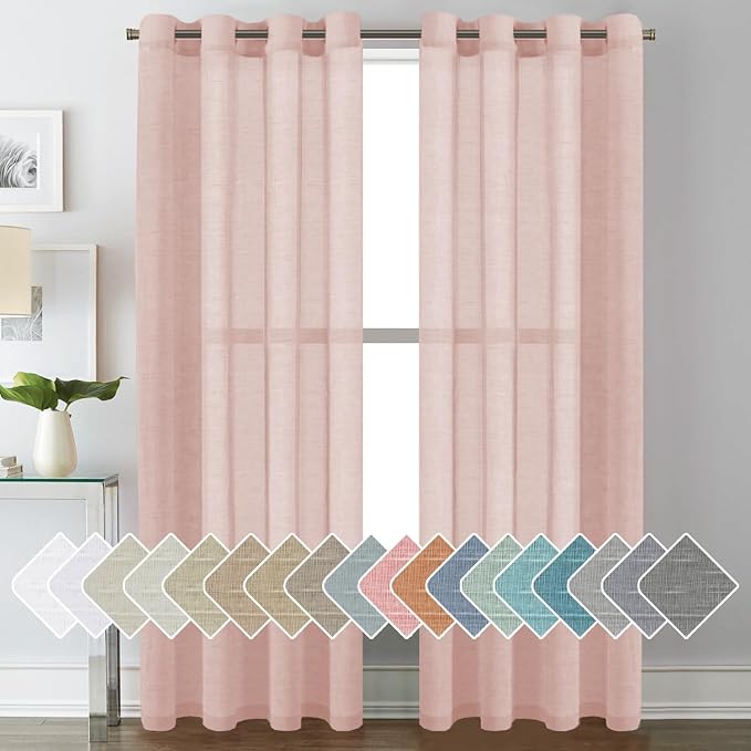 H.VERSAILTEX Linen Curtains Natural Blended Curtain Panels for Living Room/Light Reducing Linen Semi Sheer Curtains 84 inch Length 2 Panels Set Nickel Grommet Window Panels, 52" x 84", Baby Pink
