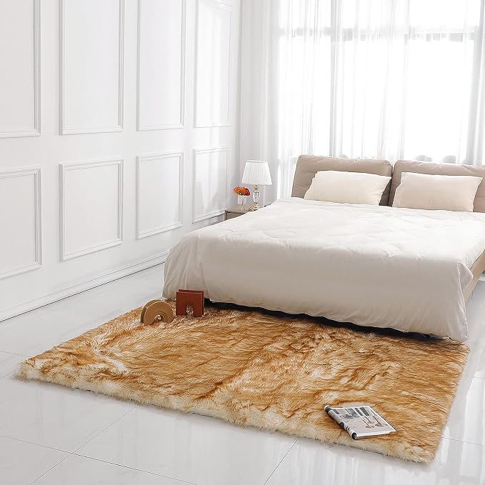 linmopm Faux Fur Rug Sheepskin Shag Fluffy Fuzzy 5x7 ft Rugs for Bedroom Bedside Bed Floor Living Room Plush Rectangle High-Density Cushion Carpet Super Sofa Cover White and Yellow