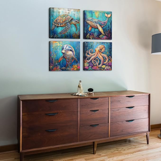 Bathroom Wall Art 16x16" 4Pcs, Blue Ocean Canvas Painting Vintage Wood Grain Background Animal Artwork Nautical Underwater World Cartoon Sea Turtle Octopus Posters Living Room Nursery Home Decorations