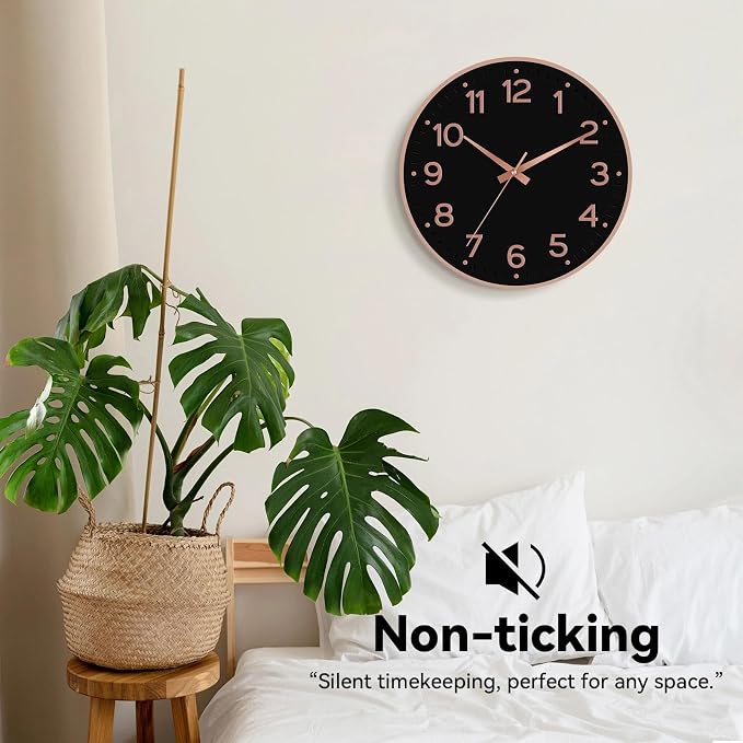 Roymnie 12 Inch Wall Clock Battery Operated Silent Non Ticking Analog | Black Rose Gold modern analog; large 3D easy-read dial for kitchen, office, bathroom & bedroom; 1 AA battery (not included)