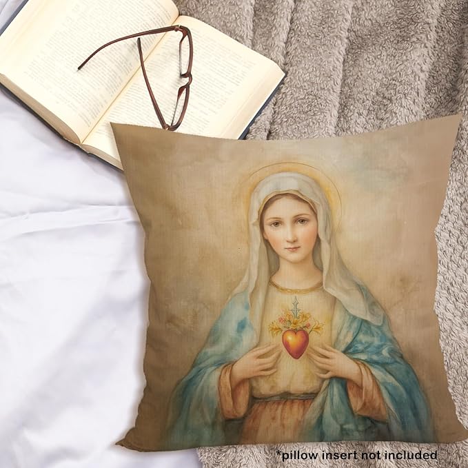 Christian Immaculate Heart of Mary Throw Pillow Covers Gifts 18x18, Vintage Religious Decor Pillow Cases for Bedroom Living Room, Catholic Virgin Mary Decorative Square Pillowcases for Couch