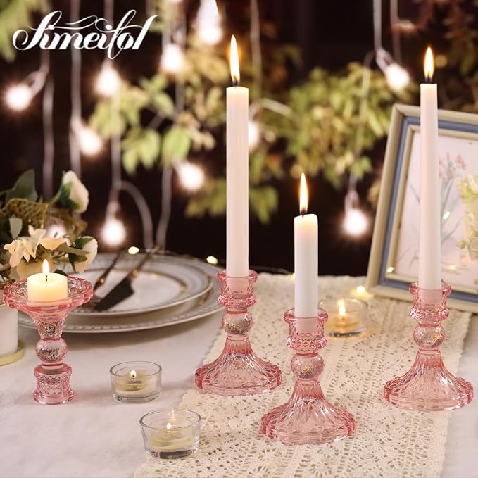 Glass Candle Holder Set of 12, Pink Taper Candle Holders Bulk | Vintage Candlestick Holders, Candle Stick Holder for Table Centerpieces, Wedding & Mother's Day